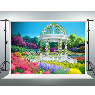 VIDMOT Spring Flower Background 7x5ft Garden Floral Pavilion Background for Bridal Shower Wedding Party Decor Country Blooming Flowers White Fence Backdrop Photography Studio Set Props BJXTVV135