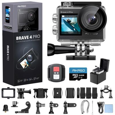 AKASO Brave 4 Pro 4K30 Action Camera with 64GB MicroSD U3 Card, 131FT Underwater Waterproof Camera EIS Touch Screen Remote Control with 2x1350mAh Batteries and Helmet Accessories Kit Bundle
