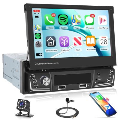 Rimoody Car Stereo Single Din Wireless Carplay Android Auto 7 Inch Touchscreen Flip Out Car Radio Bluetooth FM/AM, USB/TF/Aux, SWC, Voice Control, Backup Camera