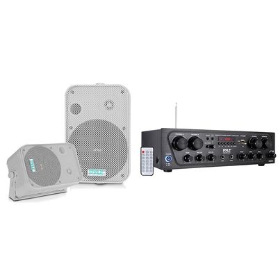Pyle Home Dual Waterproof Outdoor Speaker System & PTA42BT Wireless Karaoke Bluetooth Stereo Receiver - 4 Channel Power Amplifier w/USB,2 Microphone Input w/Echo,Black