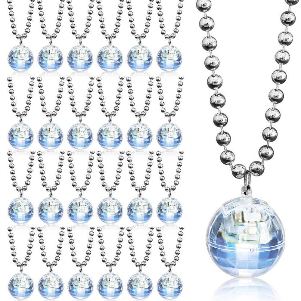 Henoyso 24 Pcs LED Disco Ball Necklaces for Party (Silver, White Light)