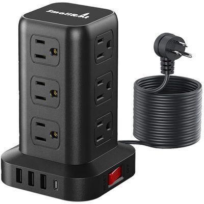 15FT USB C Power Strip Surge Protector Tower, Mini Power Strip Tower Travel 12 AC 4 USB Power Strip with USB Ports, Overload Protection for Home Office