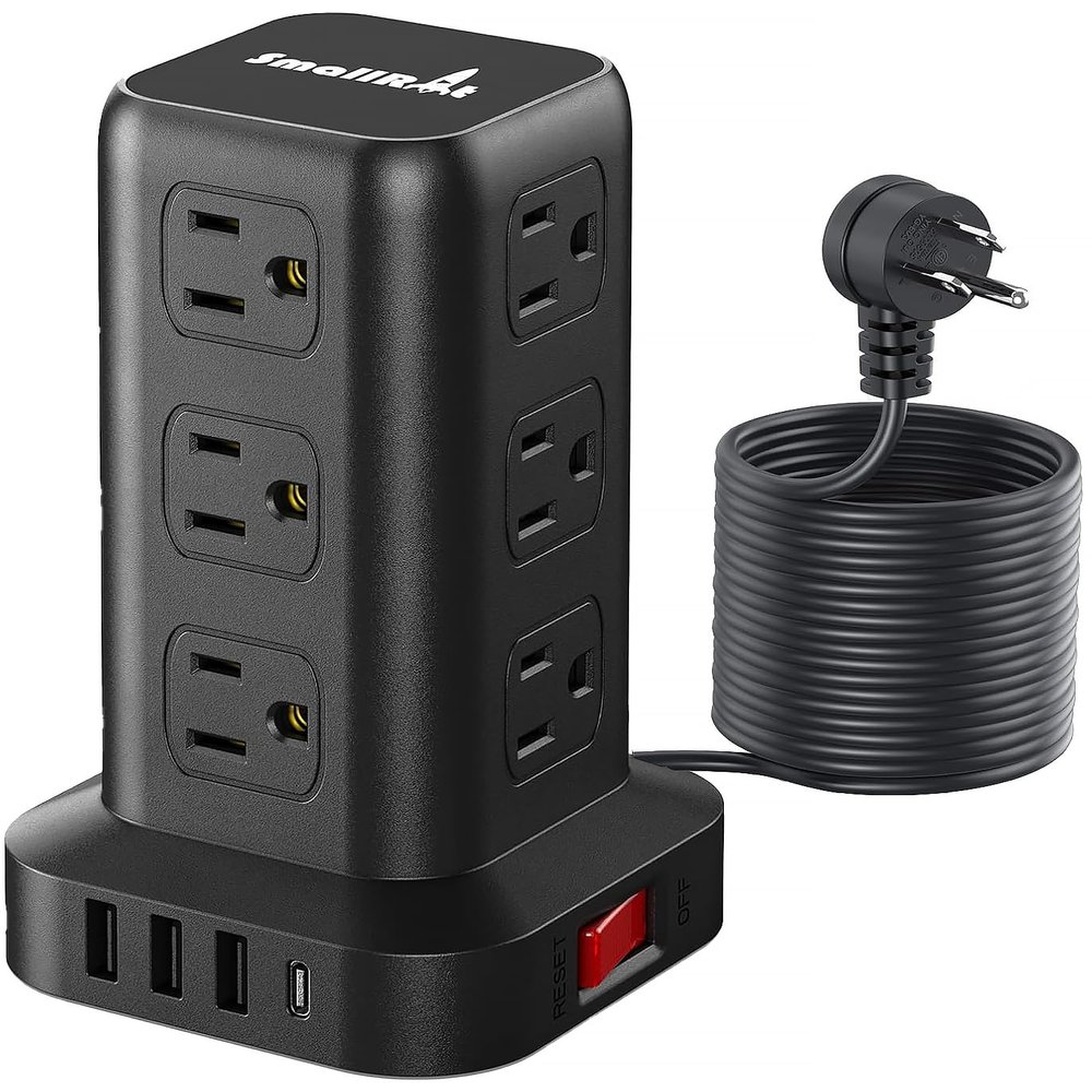 15FT USB C Power Strip Surge Protector Tower, Mini Power Strip Tower Travel 12 AC 4 USB Power Strip with USB Ports, Overload Protection for Home Office