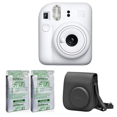Fujifilm Instax Mini 12 Instant Camera Accessory Kit (Clay White) with Instax Mini Film - Foil Pack (2 Pack) & Case