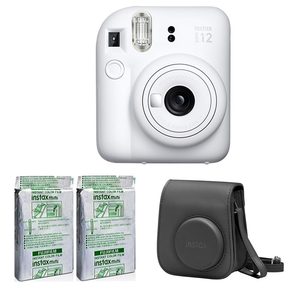 Fujifilm Instax Mini 12 Instant Camera Accessory Kit (Clay White) with Instax Mini Film - Foil Pack (2 Pack) & Case