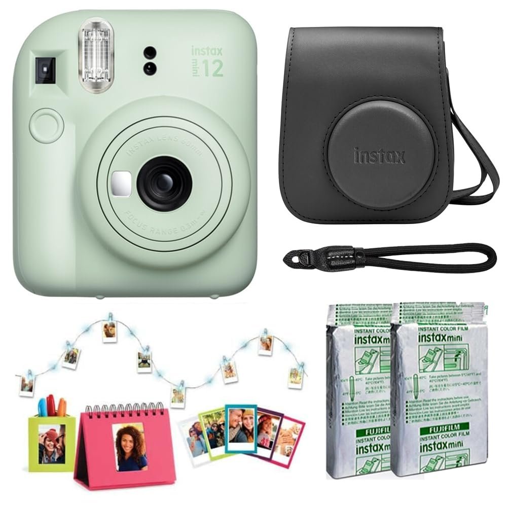 Fujifilm Instax Mini 12 Instant Camera Accessory Kit (Mint Green) with Instax Mini Film - Foil Pack (2 Pack), Instax Mini Accessory Kit, Rope Wrist Strap & Case