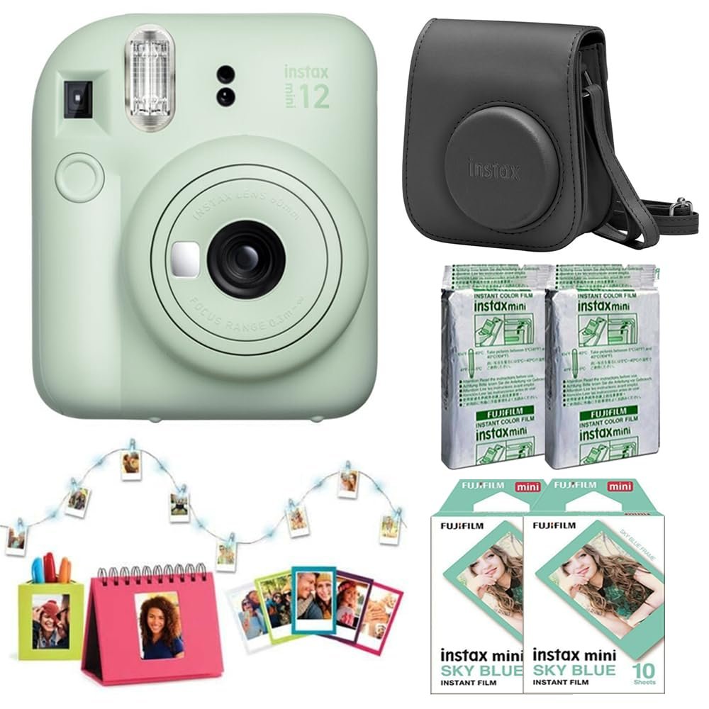 Fujifilm Instax Mini 12 Instant Camera Accessory Kit (Mint Green) with Instax Mini Sky Blue Film (2 Pack), Instax Mini Film - Foil Pack (2 Pack), Instax Mini Accessory Kit & Case