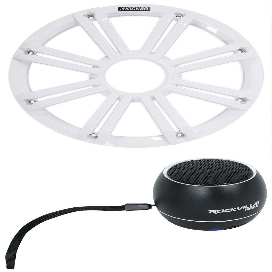 Kicker 45KMG12W 12" White Grille w/LED for KM12 and KMF12 Subwoofer Subs KMG12W Bundle with Rockville RPB2-BLACK Portable Bluetooth Speaker (2 Items)