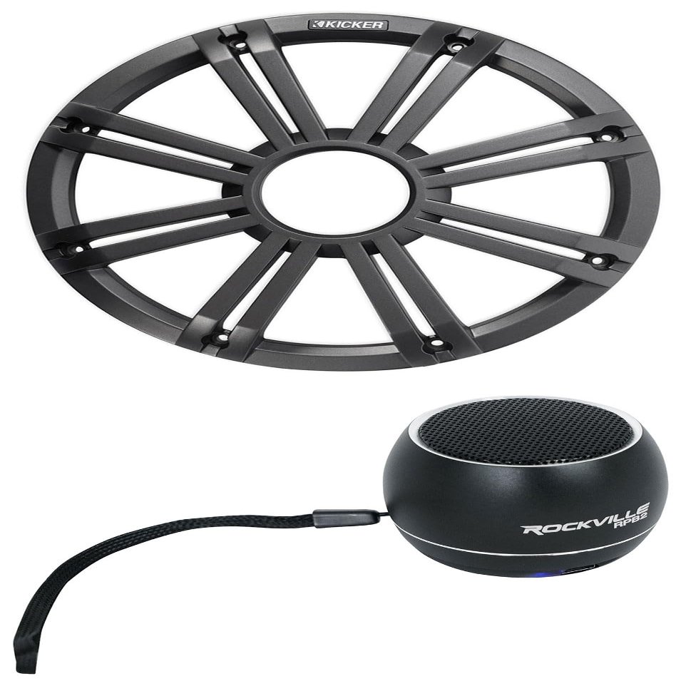 KICKER 45KMG12C 12" Charcoal Grille w/LED for KM12 + KMF12 Subwoofer Subs KMG12C Bundle with Rockville RPB2-BLACK Portable Bluetooth Speaker (2 Items)