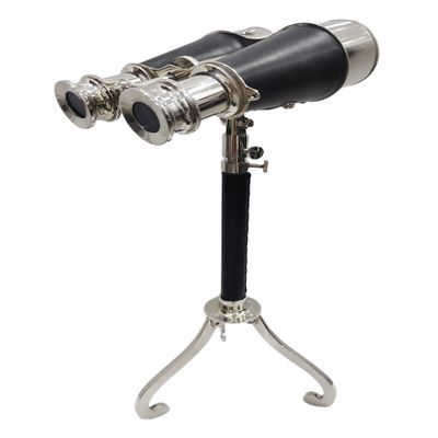 Nautical Brass Marine Leather Binocular London 1915 On Tripod Stand Chrome Silver Finish Vintage Gifts Ideas Home & Office Decor