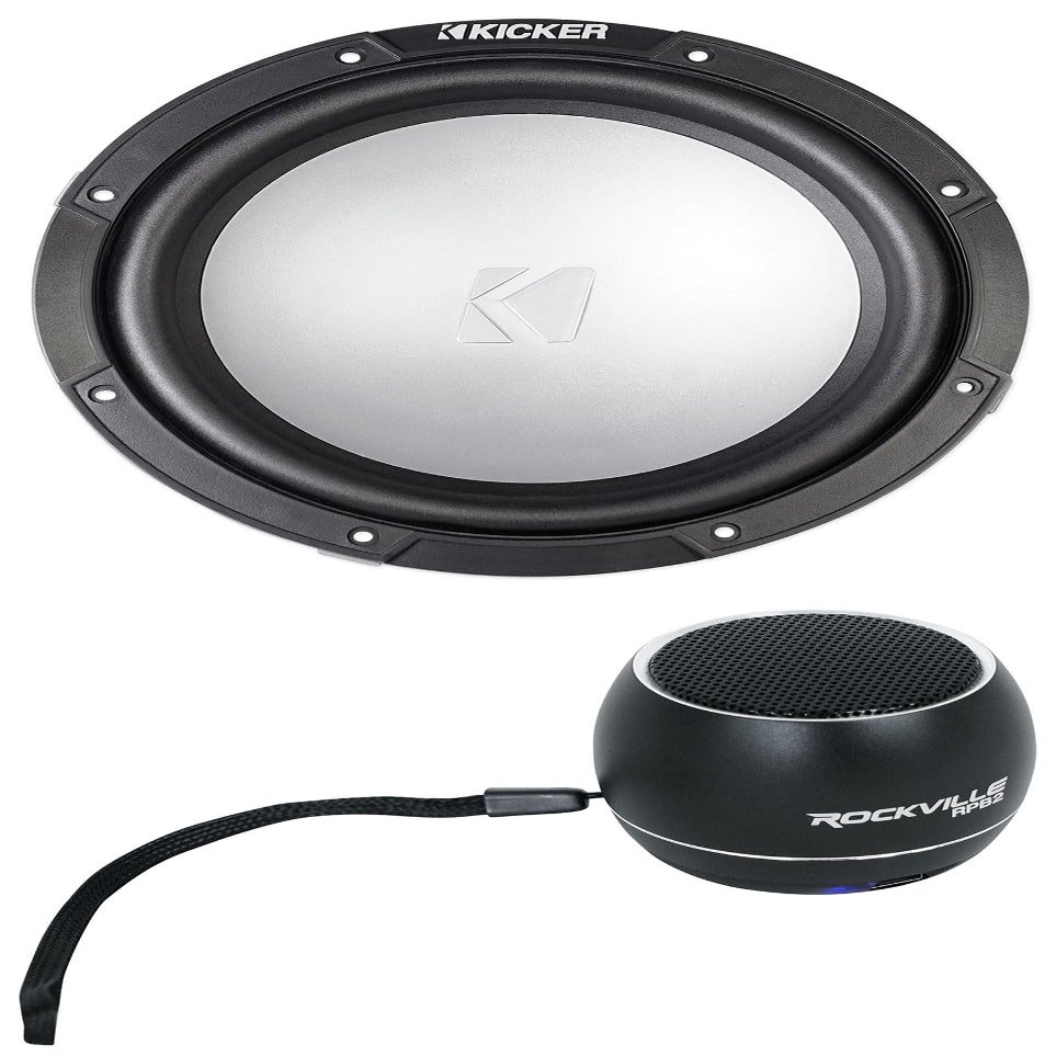 KICKER 45KMF102 10" 350w Peak/175w RMS Marine Boat Subwoofer Freeair Sub KMF12 Bundle with Rockville RPB2-BLACK Portable Bluetooth Speaker (2 Items)