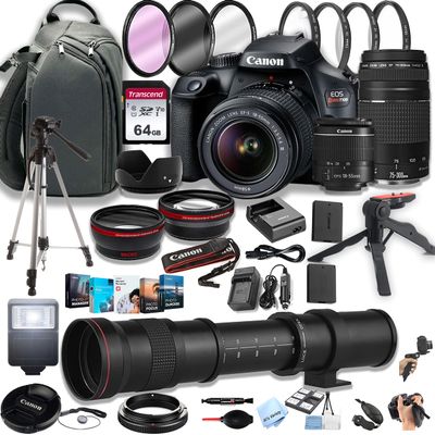 Canon EOS Rebel T100 DSLR Camera w/EF-S 18-55mm F/3.5-5.6 Zoom Lens + 75-300mm F/4-5.6 III Lens + 420-800mm Super Telephoto Lens + 64GB Memory Cards, Professional Photo Bundle (44pc Bundle) (Renewed)