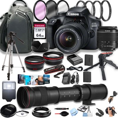 anon EOS 4000D (Rebel T100) DSLR Camera w/EF-S 18-55mm F/3.5-5.6 Zoom Lens + 420-800mm Super Telephoto Lens + 100S Sling Backpack + 64GB Memory Cards, Professional Photo Bundle (Renewed)