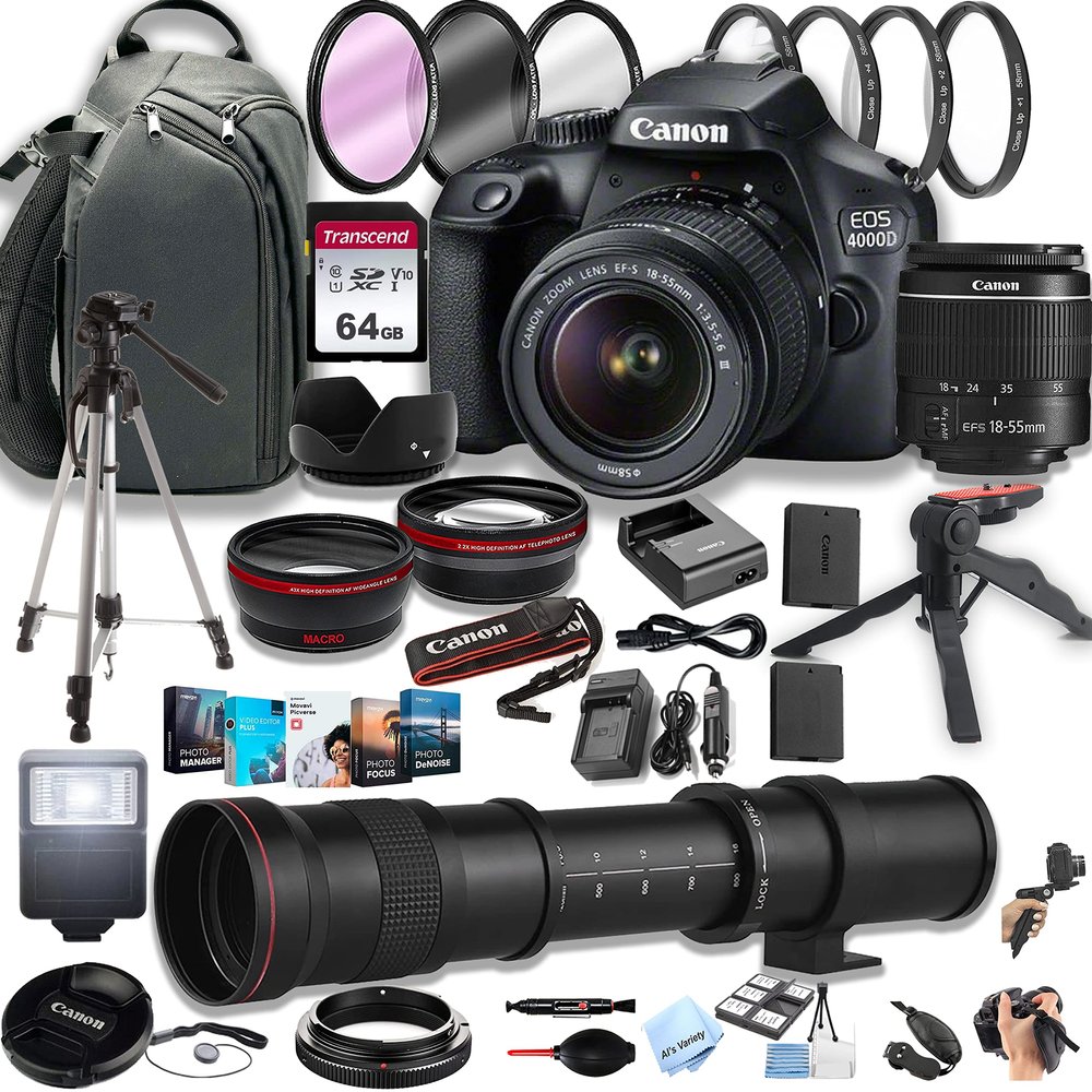 anon EOS 4000D (Rebel T100) DSLR Camera w/EF-S 18-55mm F/3.5-5.6 Zoom Lens + 420-800mm Super Telephoto Lens + 100S Sling Backpack + 64GB Memory Cards, Professional Photo Bundle (Renewed)