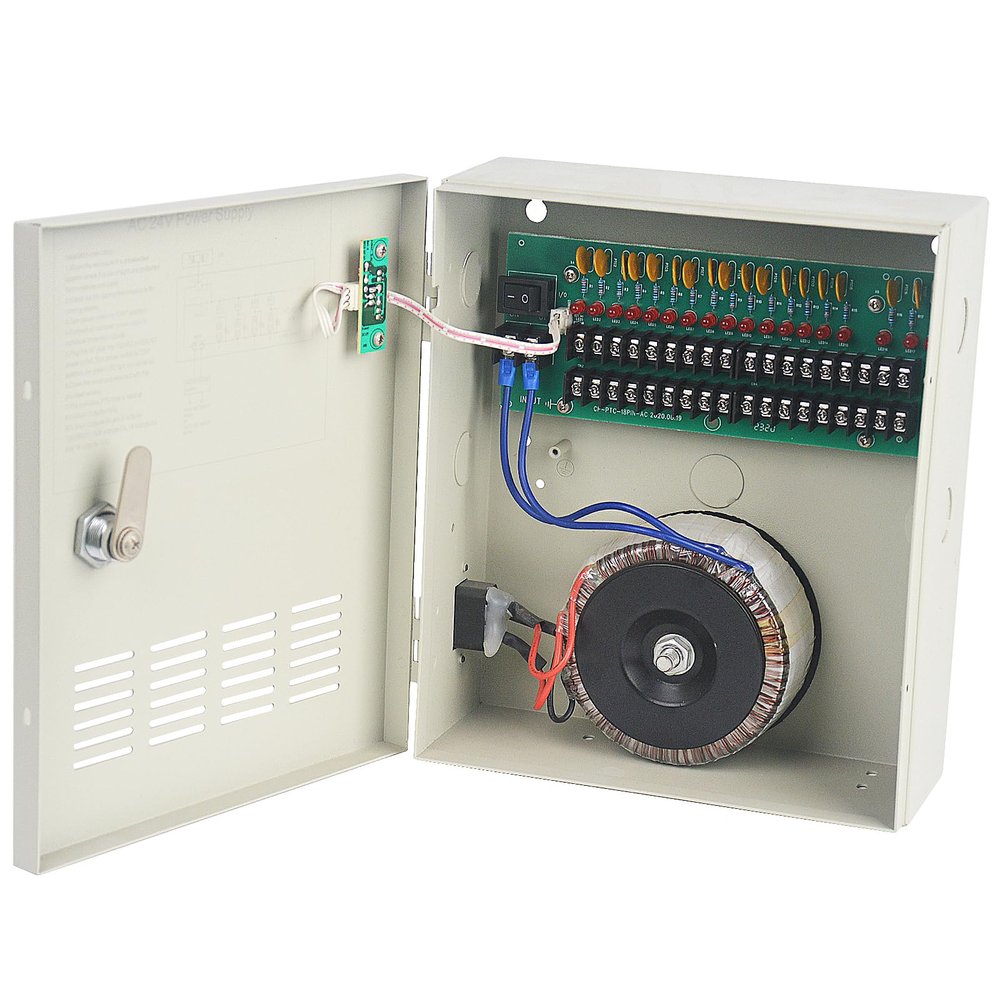 ENS 18 Channel Power Supply Box, 24V AC 10A Output, 110V -240V AC Input, PTC Resettable Fuse- Regulated and Filtered, Surge Protected, Perfect for Professional CCTV Security Surveillance System
