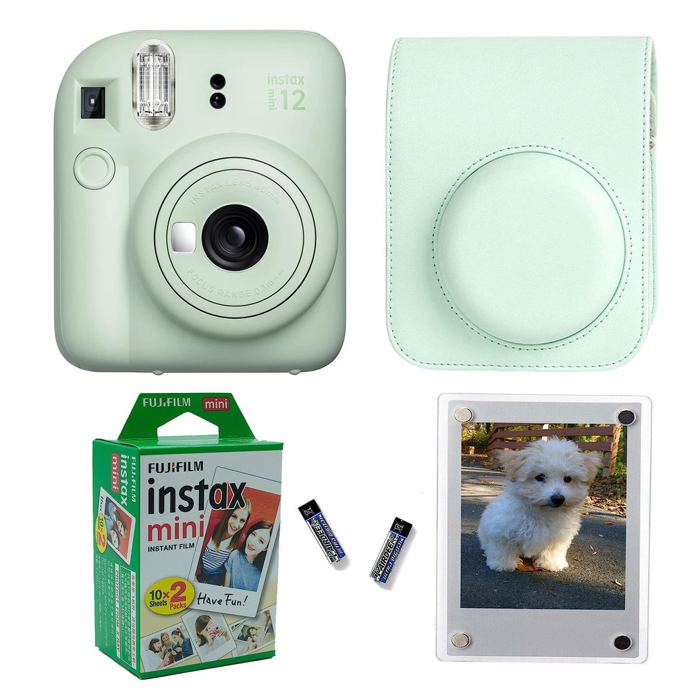 Fujifilm Instax Mini 12 Instant Camera + Pro Design Protective Case & Magnetic Lucite Frames, 20 Sheets (Mint Green)