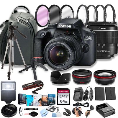 Canon EOS 4000D (Rebel T100) DSLR Camera w/EF-S 18-55mm F/3.5-5.6 Zoom Lens + 100S Sling Backpack + 64GB Memory Cards, Professional Photo Bundle (40pc Bundle) (Renewed)