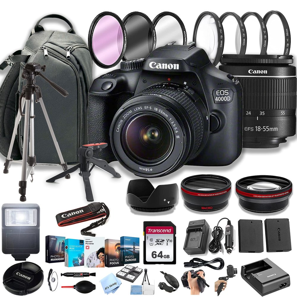 Canon EOS 4000D (Rebel T100) DSLR Camera w/EF-S 18-55mm F/3.5-5.6 Zoom Lens + 100S Sling Backpack + 64GB Memory Cards, Professional Photo Bundle (40pc Bundle) (Renewed)