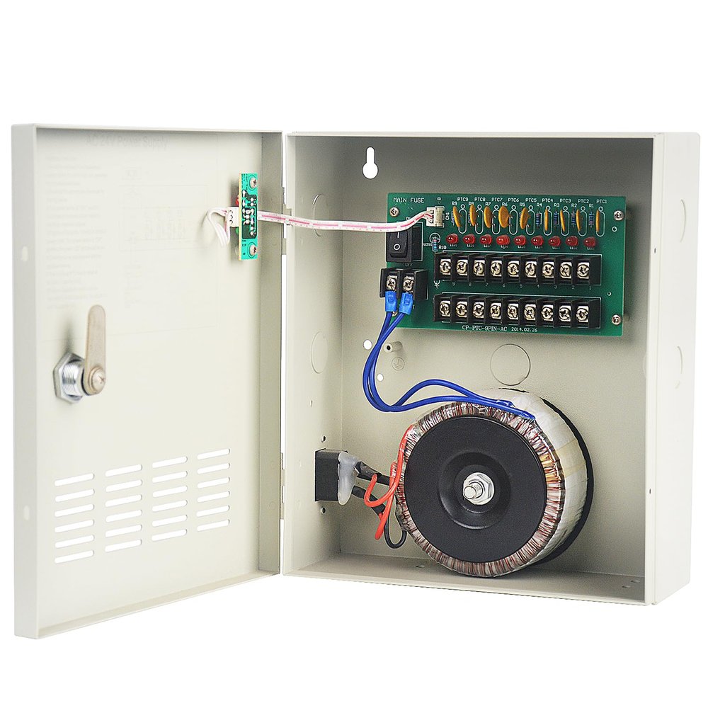 ENS 9 Channel AC 24V CCTV Distributed Power Supply Box for Security Camera, 9 Ports 10A 24V AC Output, Regulated and Filtered, Surge Protected, Key Lock, Designed for Surveillance DVR System