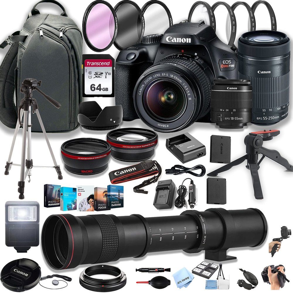 anon EOS Rebel T100 DSLR Camera w/EF-S 18-55mm F/3.5-5.6 Zoom Lens + 55-250mm f/4-5.6 is STM Lens + 420-800mm Super Telephoto Lens + 64GB Memory Cards, Professional Photo Bundle (Renewed)