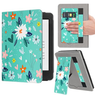 VORI Stand Case for 6" All-New Kindle 11th Generation 2024/2022 Release, Premium PU Leather Protective Sleeve Cover with Hand Strap, Auto Sleep/Wake and Back Cover Adsorption, Green Flower