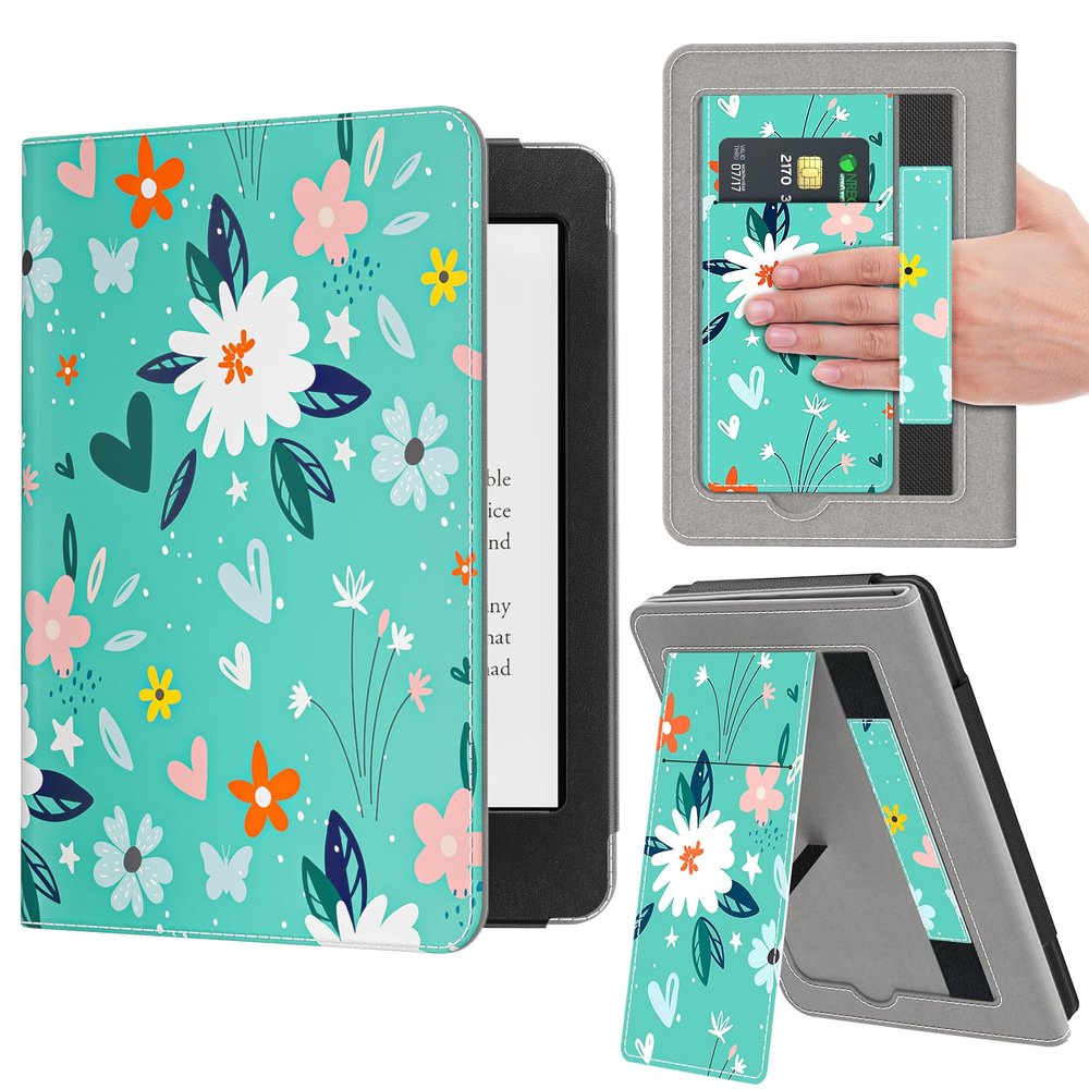 VORI Stand Case for 6" All-New Kindle 11th Generation 2024/2022 Release, Premium PU Leather Protective Sleeve Cover with Hand Strap, Auto Sleep/Wake and Back Cover Adsorption, Green Flower