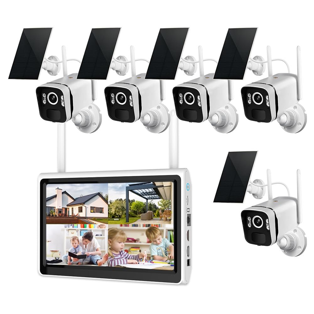 ZHXINSD 2K Solar Security Cameras Wireless Outdoor WiFi with 10" Monitor, 10CH 4MP Wire-Free Camera System, 5PC Battery Powered Security Cameras for Home Security, Waterproof, Floodlight, 64G Storage