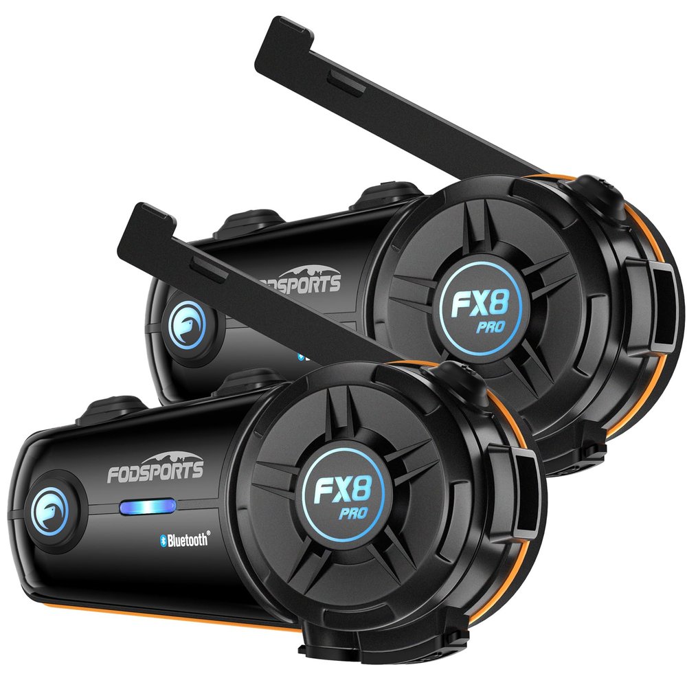 Fodsports FX8 PRO Motorcycle Bluetooth Intercom, 10-Rider Group Helmet Communication System, Music Sharing, Universal Wireless InterphoneAPP/Waterproof/Stereo Music/GPS/2 Mics (Double Pack)
