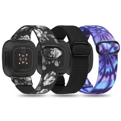 TOYOUTHS 3 Packs Compatible with Fitbit Sense/Sense 2/Versa 3/Versa 4 Bands Women Men Elastic Adjustable Nylon Fabric Strap Scrunchies Solo Loop Stretchy Bracelet Wristband, Black+Grey Floral+Tie Dye