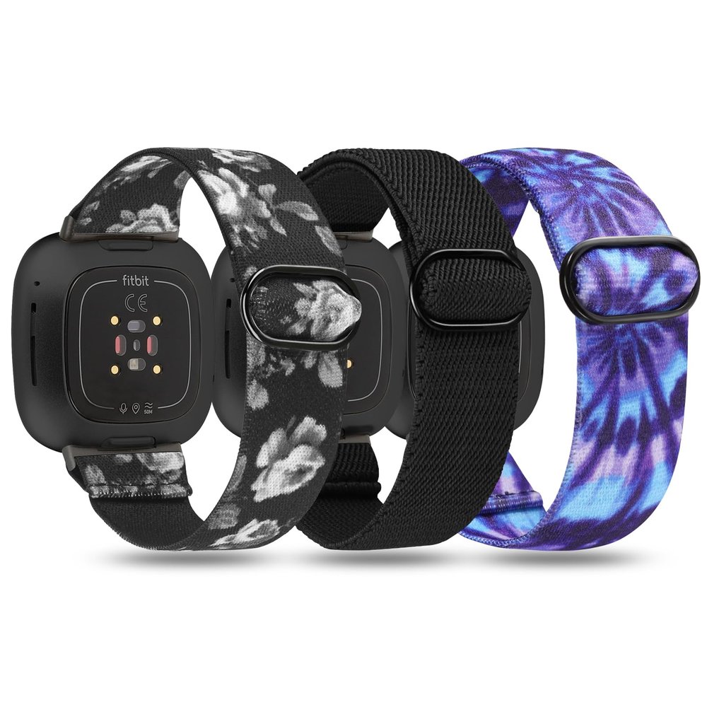 TOYOUTHS 3 Packs Compatible with Fitbit Sense/Sense 2/Versa 3/Versa 4 Bands Women Men Elastic Adjustable Nylon Fabric Strap Scrunchies Solo Loop Stretchy Bracelet Wristband, Black+Grey Floral+Tie Dye