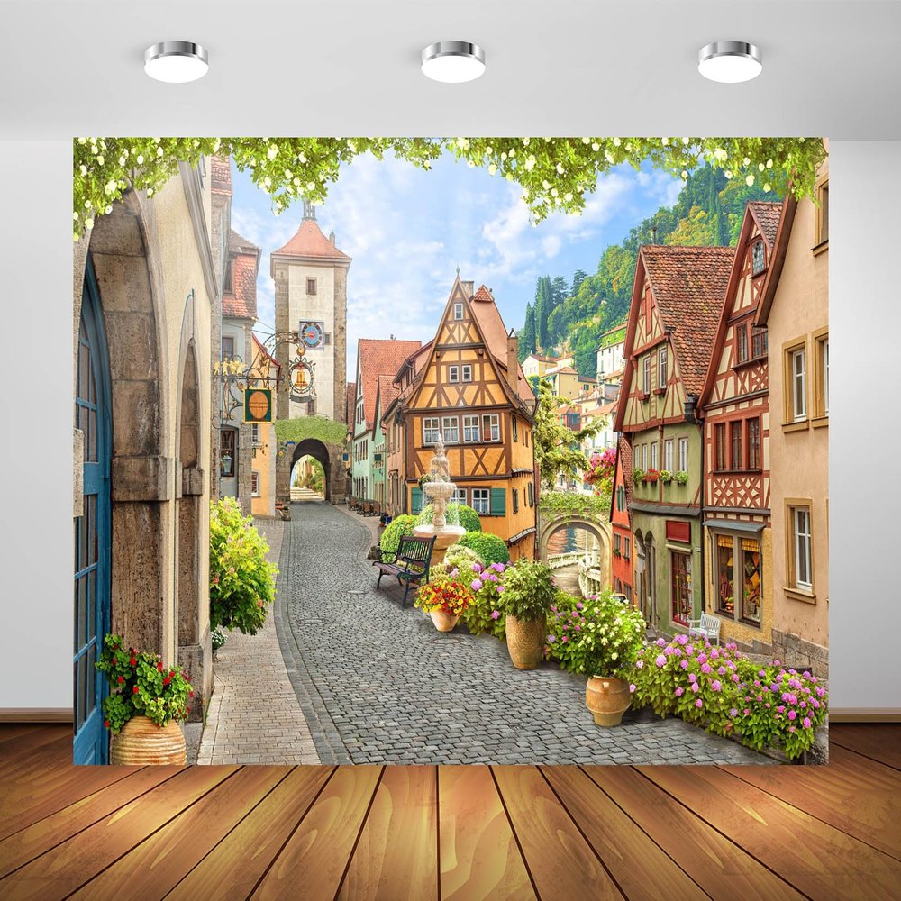 BELECO 9x6ft Fabric German Bavaria Town Street Backdrop for Photography Historic Town of Rothenburg ob der Tauber Background Oktoberfest Bavarian Party Decorations Birthday Photoshoot Studio Props
