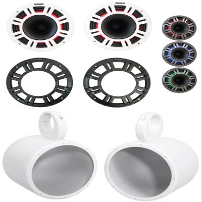 KICKER Pair 48KMXL84 8" 500w Marine White Wakeboard Tower Speakers w/LED KMXL8 Bundle with Rockville Speaker Pod Enclosures (2 Items)