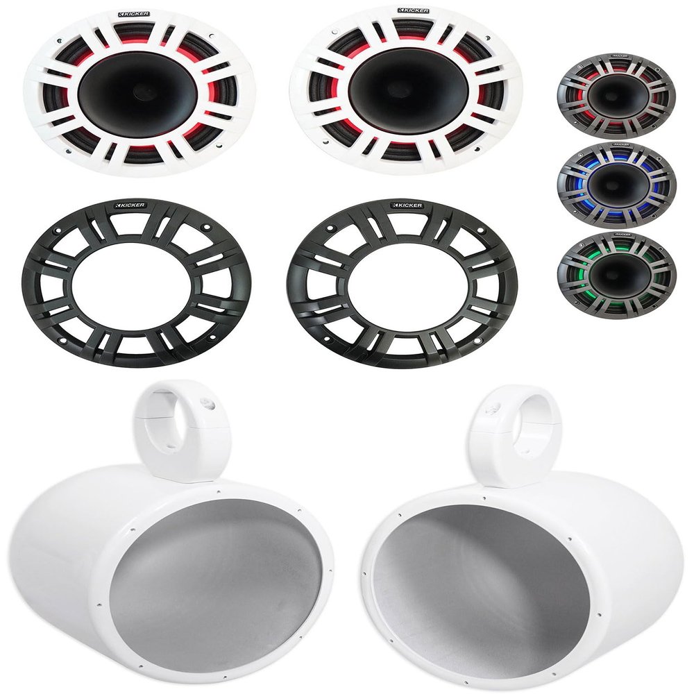 KICKER Pair 48KMXL84 8" 500w Marine White Wakeboard Tower Speakers w/LED KMXL8 Bundle with Rockville Speaker Pod Enclosures (2 Items)