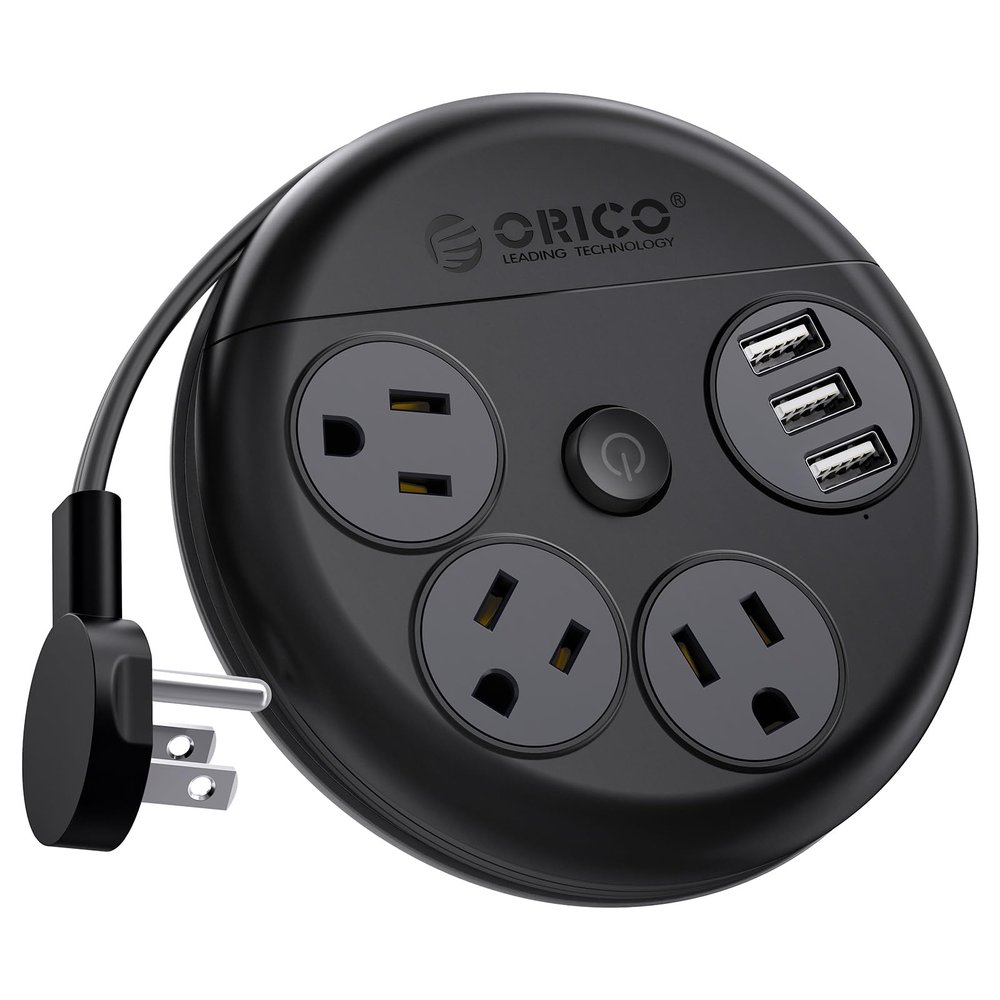 ORICO Travel Power Strip with USB Ports, 4 ft Flat Extension Cord 3 Outlets 3 USB Ports, Portable Flat Plug Outlet Extender for Travel, Cruise Approved - Black