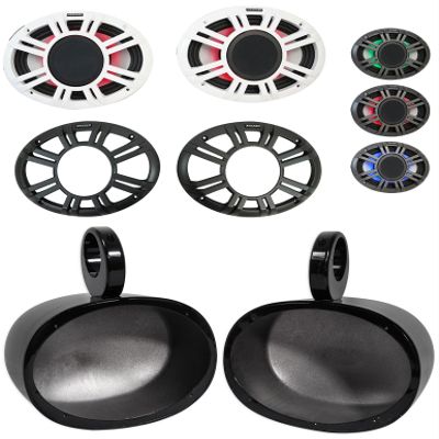 KICKER (2) 48KMXL694 300w 6x9 Marine Boat Black Wakeboard Tower Speakers w/LED Bundle with Rockville Speaker Pod Enclosures (2 Items)