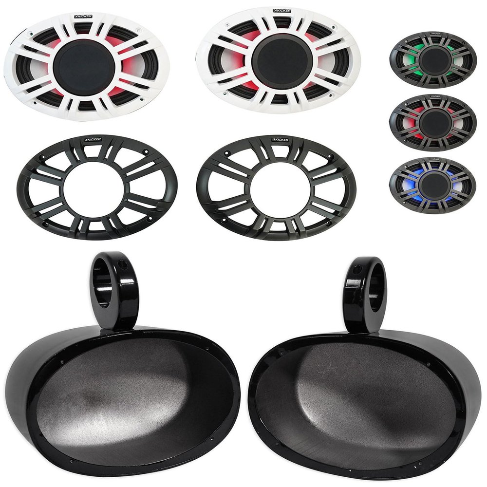 KICKER (2) 48KMXL694 300w 6x9 Marine Boat Black Wakeboard Tower Speakers w/LED Bundle with Rockville Speaker Pod Enclosures (2 Items)