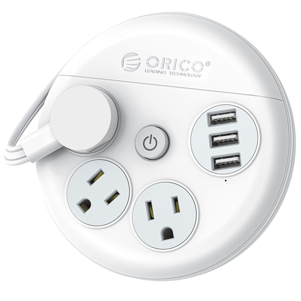 ORICO Travel Power Strip with USB Ports, 4 ft Flat Extension Cord 3 Outlets 3 USB Ports, Portable Flat Plug Power Strip Outlet Extender for Travel, Cruise Approved - White