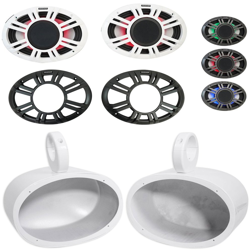 KICKER (2) 48KMXL694 300w 6x9 Marine Boat White Wakeboard Tower Speakers w/LED Bundle with Rockville Speaker Pod Enclosures (2 Items)