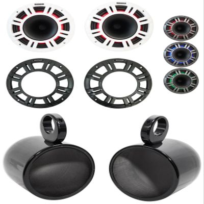 KICKER Pair 48KMXL84 8" 500w Marine Black Wakeboard Tower Speakers w/LED KMXL8 Bundle with Rockville Speaker Pod Enclosures (2 Items)