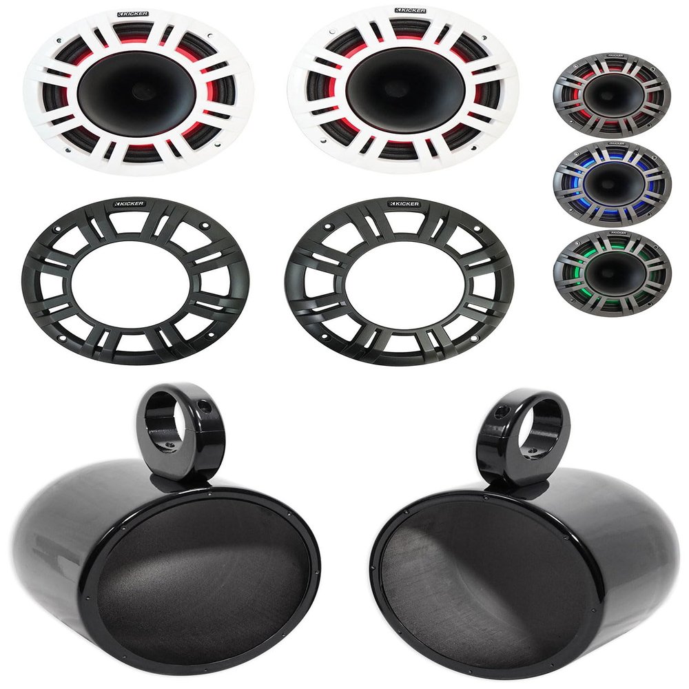 KICKER Pair 48KMXL84 8" 500w Marine Black Wakeboard Tower Speakers w/LED KMXL8 Bundle with Rockville Speaker Pod Enclosures (2 Items)