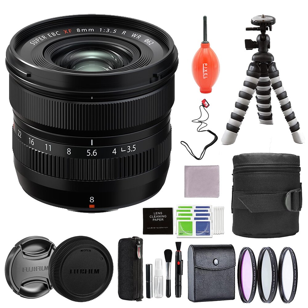 Fujifilm Fujinon XF 8mm f/3.5 R WR Lens Bundle with Advanced Accessories Blower, Flexible Tripod, Cap Leash, Pixel Cleaning Kit & More