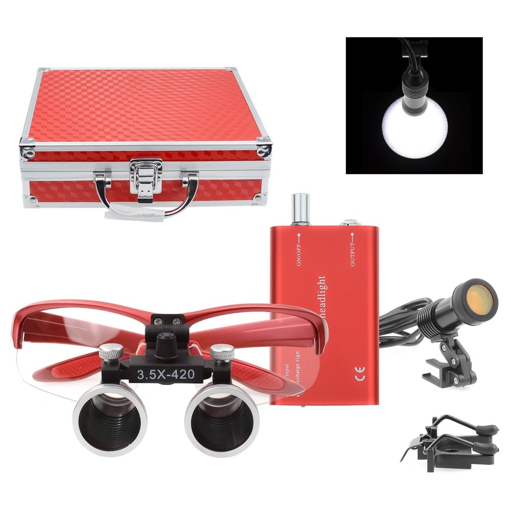 EUSONYSU 3.5X Binocular Loupes with 5W LED Head Light & Filter Two Metal Clips Box (Red)
