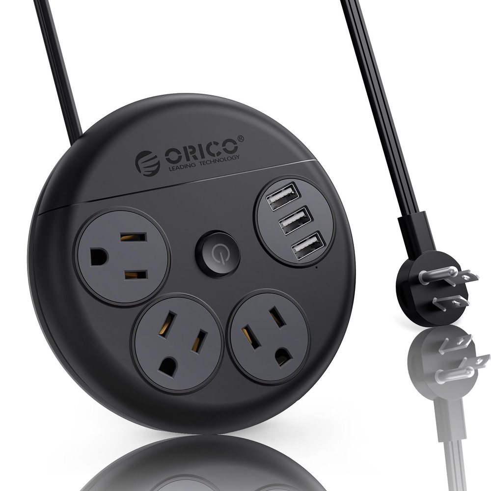 Flat Extension Cord 10 ft, ORICO Round Power Strip with 3 USB Ports and 3 Outlets, Long Extension Cord Flat Plug Outlet Extender, Cruise Power Strip Cruise Approved Travel Essential - Black