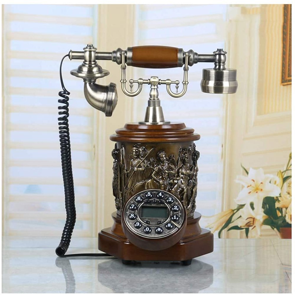 Classic European Retro Landline Telephone Phone Barrel Retro Brown Wired Fashion Creative Metal Rotating Solid Wood Caller ID