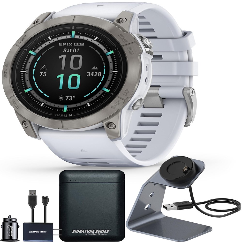 Garmin epix Gen 2 Pro Sapphire Edition, 51mm, Titanium/Whitestone | AMOLED Display, High Performance Smartwatch, Advanced Training Technology, Built-in Flashlight with Signature Power Bundle