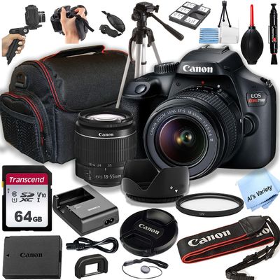 Canon EOS Rebel T100 (EOS 4000D) DSLR Camera w/EF-S 18-55mm F/3.5-5.6 Zoom Lens + 64GB Memory Card, Case, Hood, Tripod, Grip-Pod, Filter, Professional Photo Bundle(24pc) (Renewed)