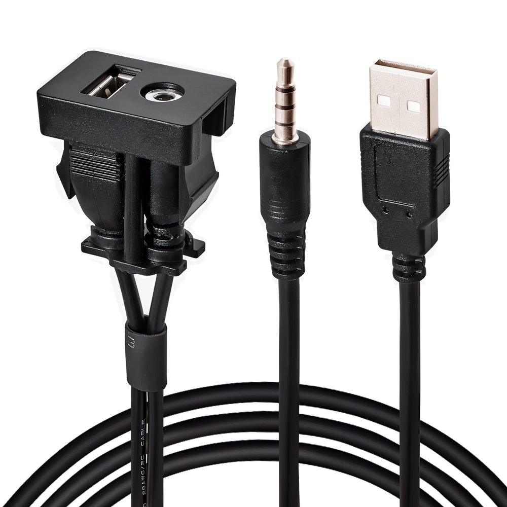 Anina USB AUX Flush Mount for Toyota, 1M Male to Female Car Dash 3.5mm AUX Extension Cable, Square Port USB Panel Mount Socket Adapter, 12V-30V Panel Mounting Cable for Audio Output & Charging