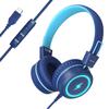 Bywulanda Kids Headphones with LED Lights for School, Upgrade USB Type C Kid Headphone with Microphone, Volume Limiter 85/94dB, Wired On Ear Headphones for Boys/Girls/Tablet/Travel -Blue view 1