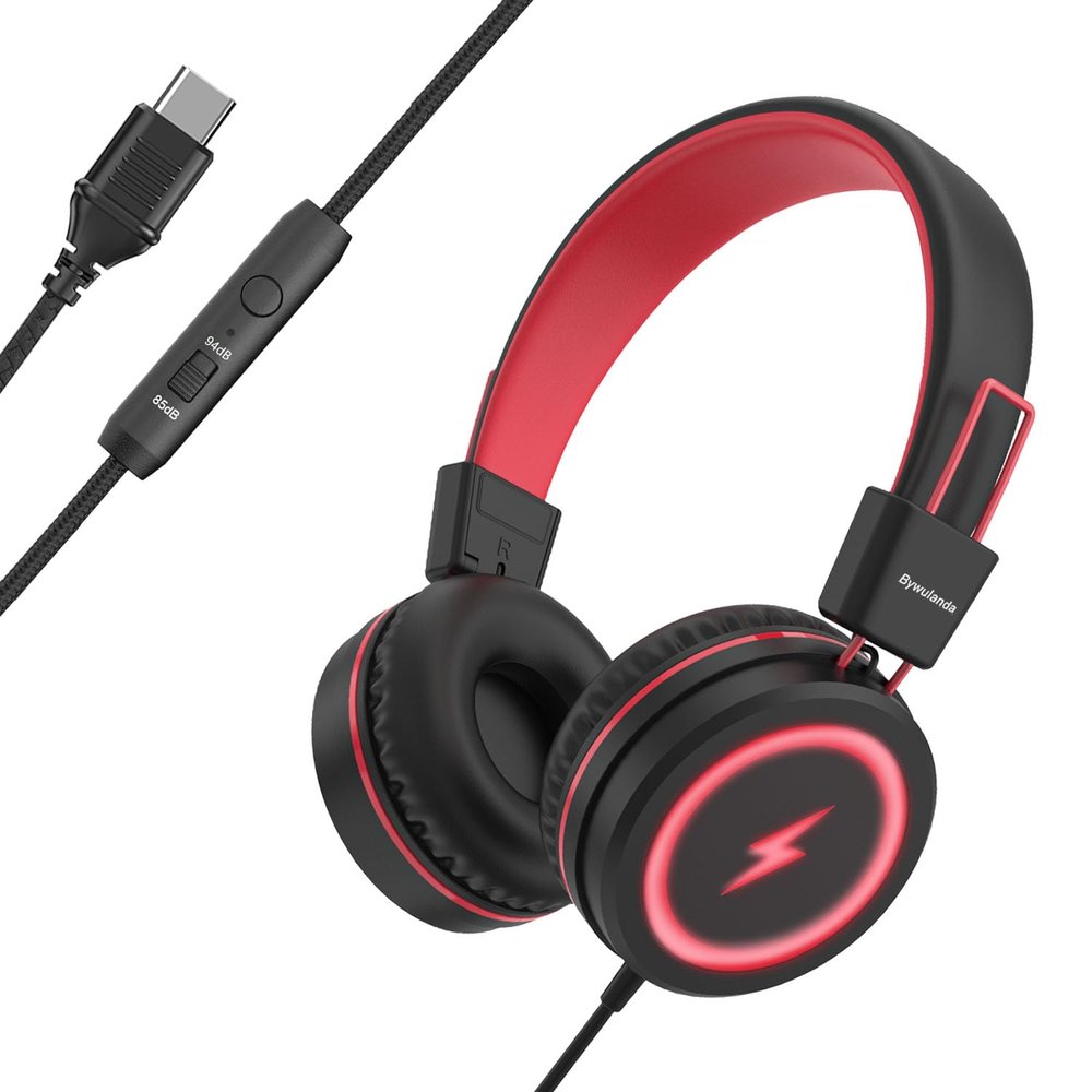 Bywulanda Kids Headphones with LED Lights for School, Upgrade USB Type C Kid Headphone with Microphone, Volume Limiter 85/94dB, Wired On Ear Headphones for Boys/Girls/Tablet/Travel -Black