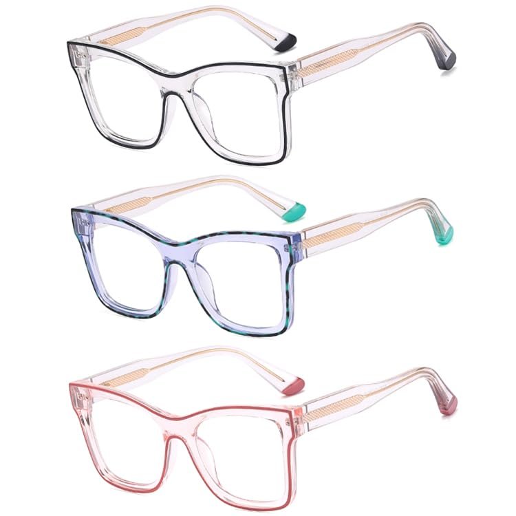 bullabulling 3 Pack Oprah Style Reading Glasses for Women Blue Light Blocking Computer Square Readers with Spring Hinge Men (black/leopard/pink, 1, multiplier_x)